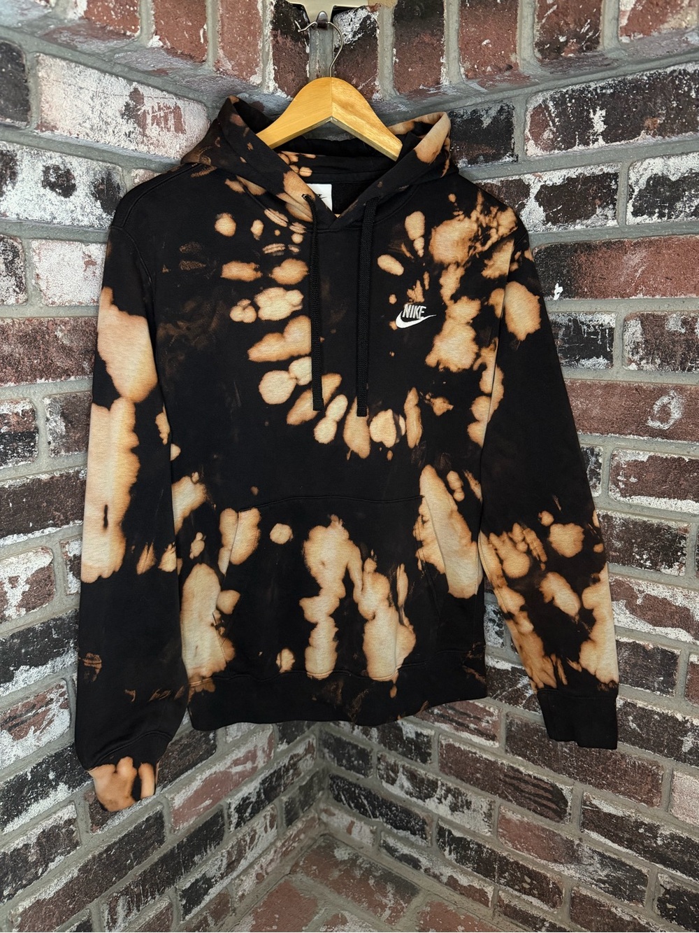 Nike Embroidered Logo Custom Bleach Tiedye Black/Orange Mens Front Pocket Hoodie